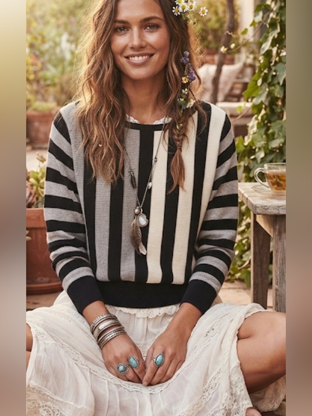 Philosophy Black & White Striped Crew Neck Sweater | Dolman Sleeve Medium